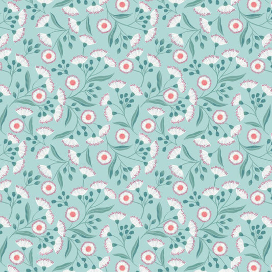 Floral pattern with pink and white flowers on a teal background