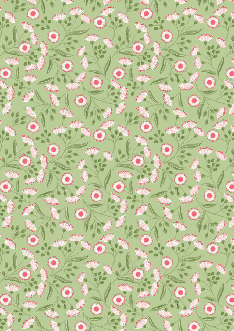 Floral pattern with pink flowers on a green background