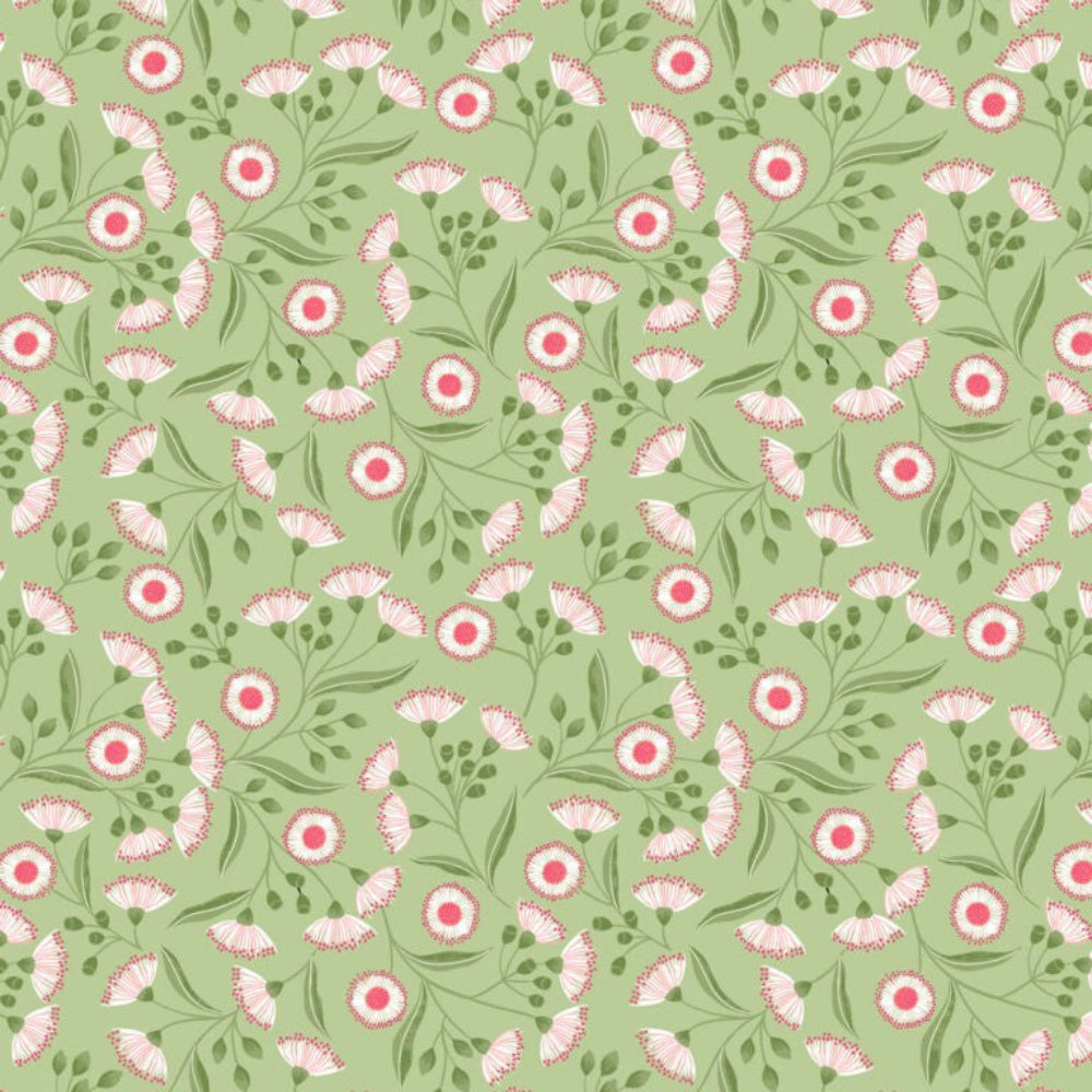 Floral pattern with pink flowers and green leaves on a light green background