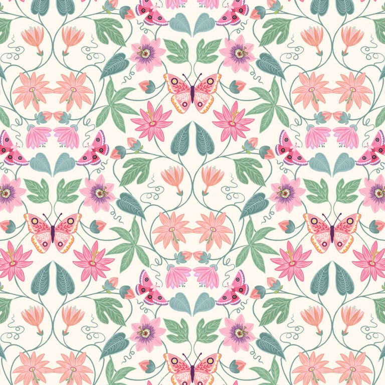 Pattern of pink flowers and butterflies on a white background