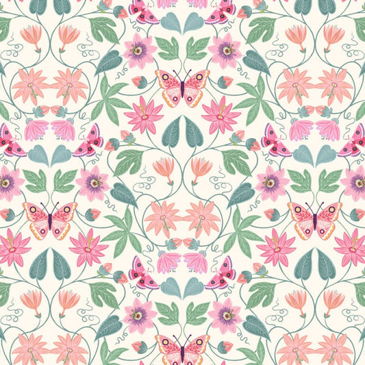 Pattern of pink flowers and butterflies on a white background