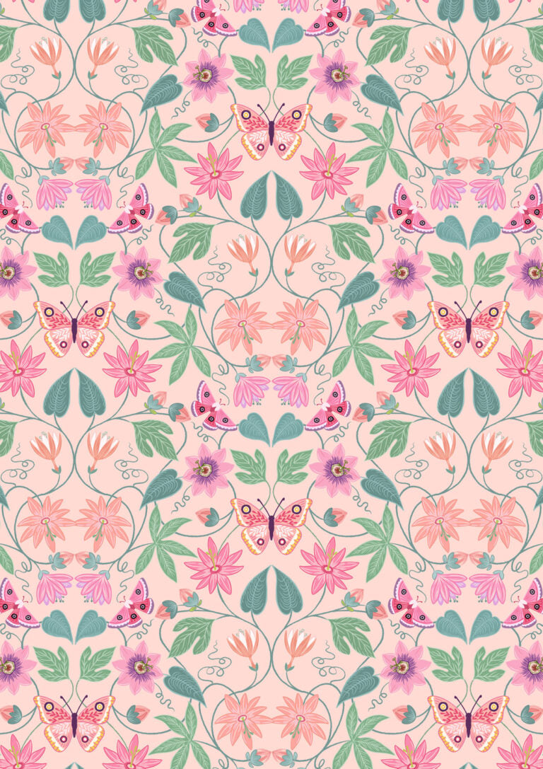 Pattern of pink flowers and butterflies on a light pink background