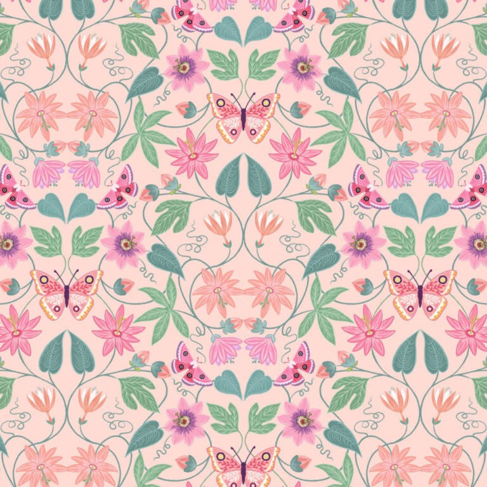 Pattern of pink flowers and butterflies on a light pink background