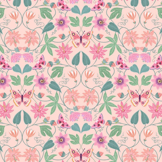 Pattern of pink flowers and butterflies on a light pink background