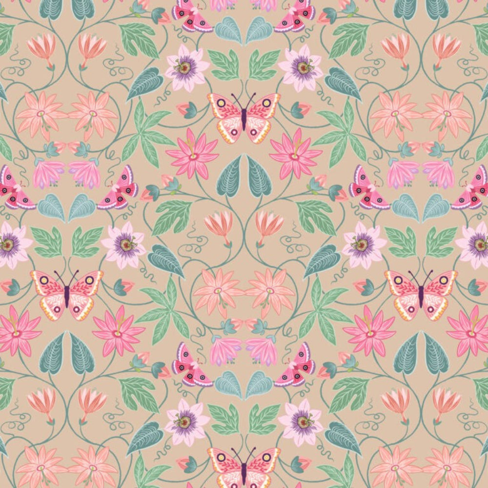 Pattern of pink flowers and butterflies on a beige background