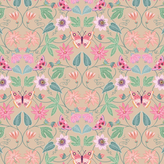 Pattern of pink flowers and butterflies on a beige background