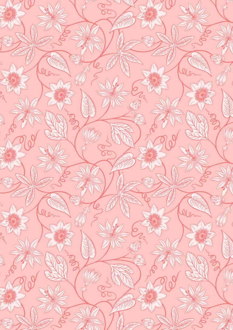 Floral pattern with white flowers and leaves on a pink background