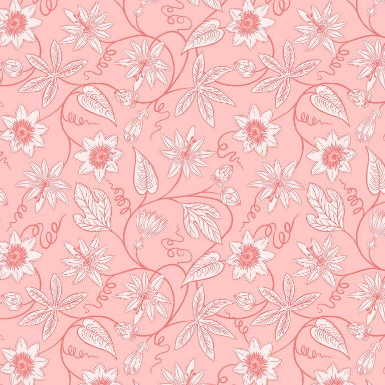 Floral pattern with pink flowers and leaves on a pink background