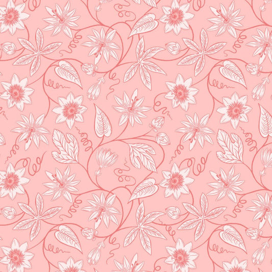 Floral pattern with pink flowers and leaves on a pink background