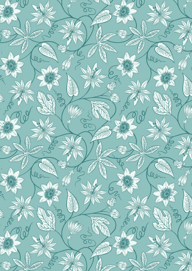 Teal background with white floral and leaf pattern
