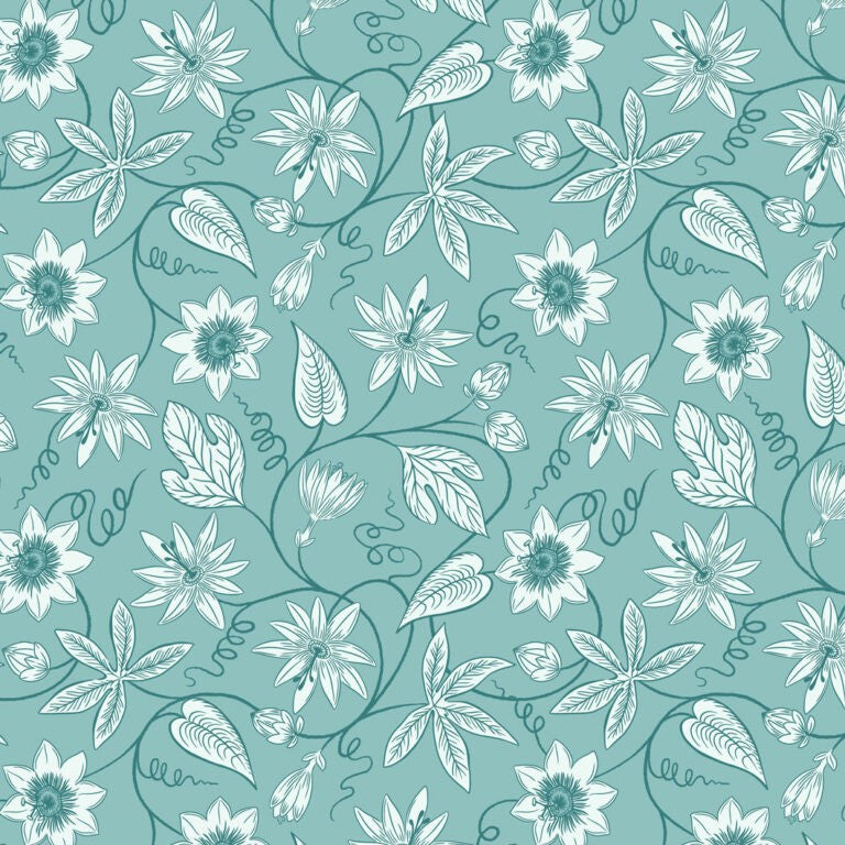 Light teal background with white floral and leaf pattern