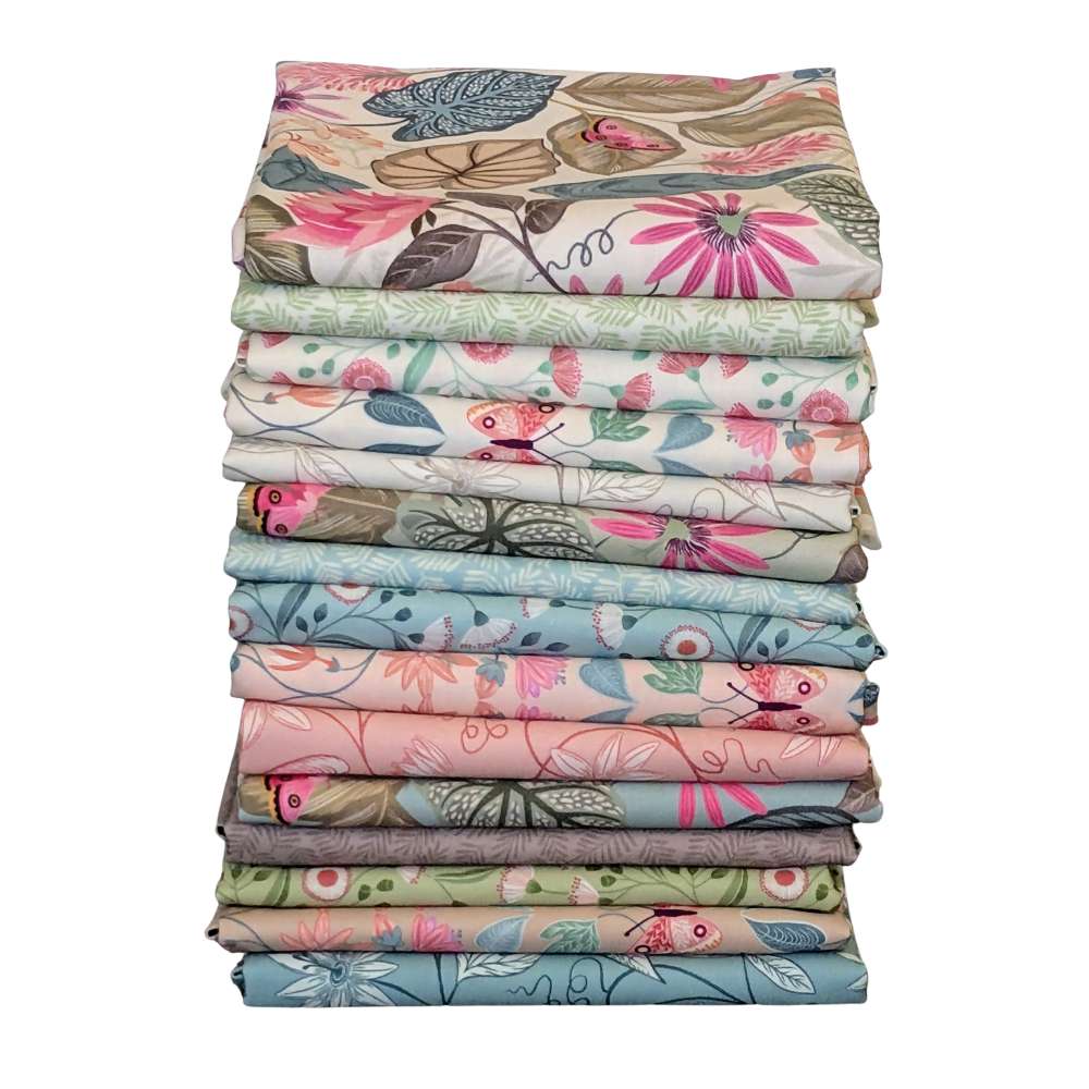 Stack of floral fabric swatches on a white background