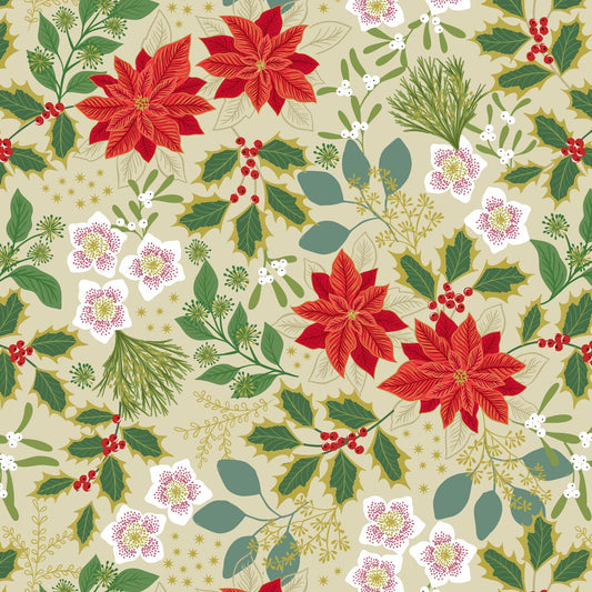 Yuletide (Lewis & Irene) - Festive Floral Cream with Metallic Gold