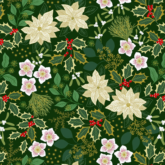 Yuletide (Lewis & Irene) - Festive Floral Green with Metallic Gold