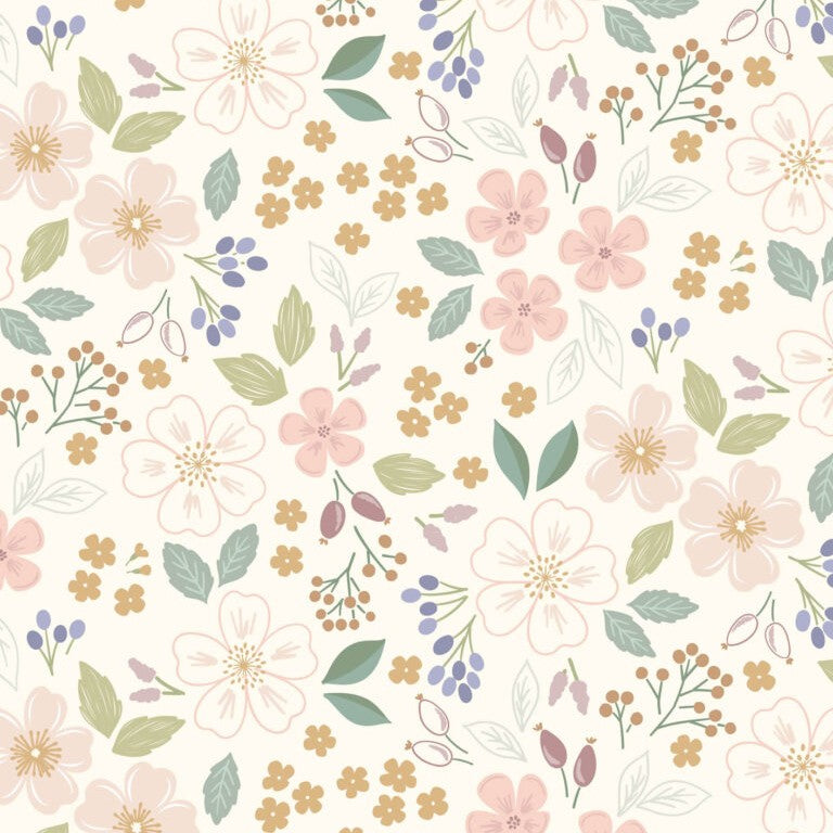 Pattern of pastel flowers and leaves on a cream background