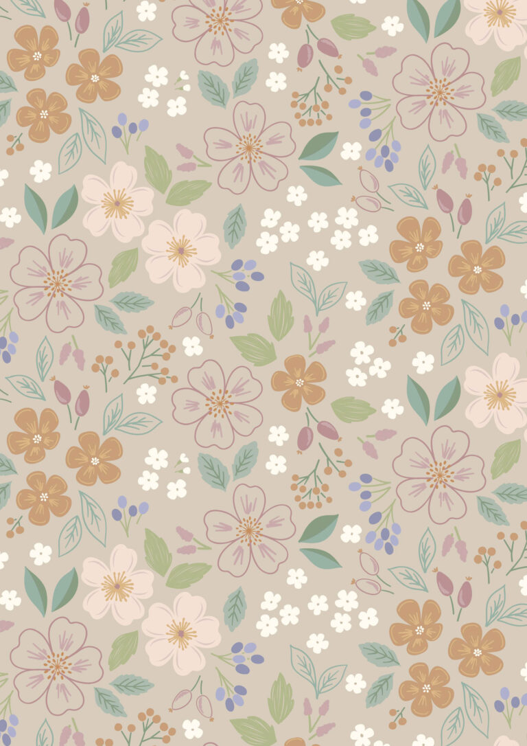 Floral pattern with various flowers and leaves on a beige background