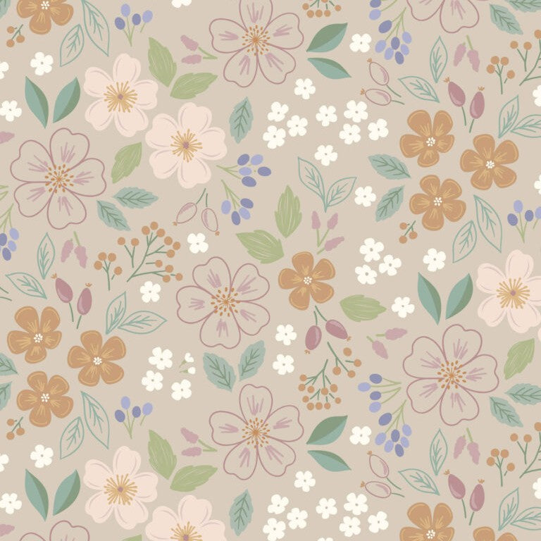 Floral pattern with pastel flowers and leaves on a beige background