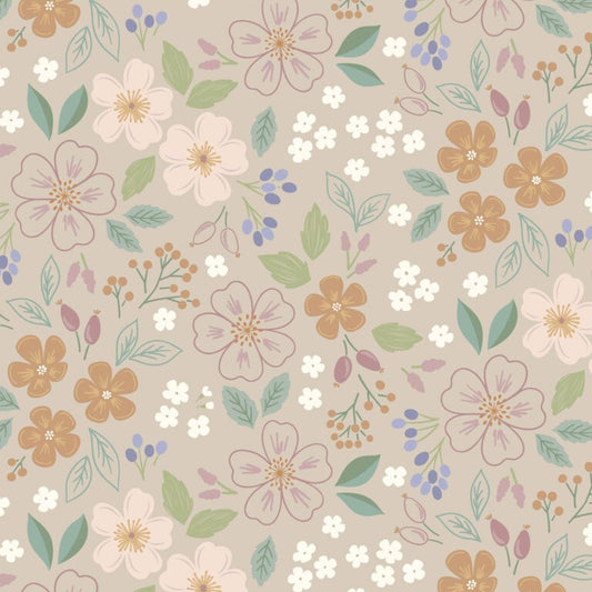 Floral pattern with pastel flowers and leaves on a beige background