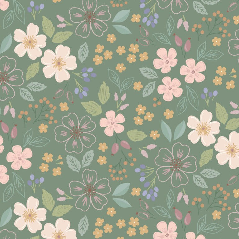 Floral pattern with pink, yellow, and purple flowers on a green background