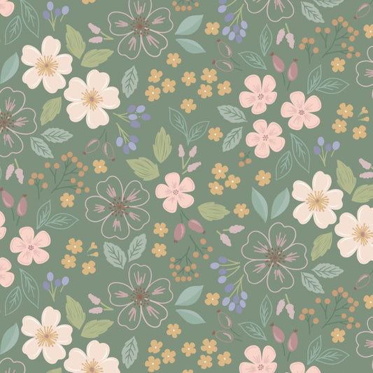 Floral pattern with pink, yellow, and purple flowers on a green background