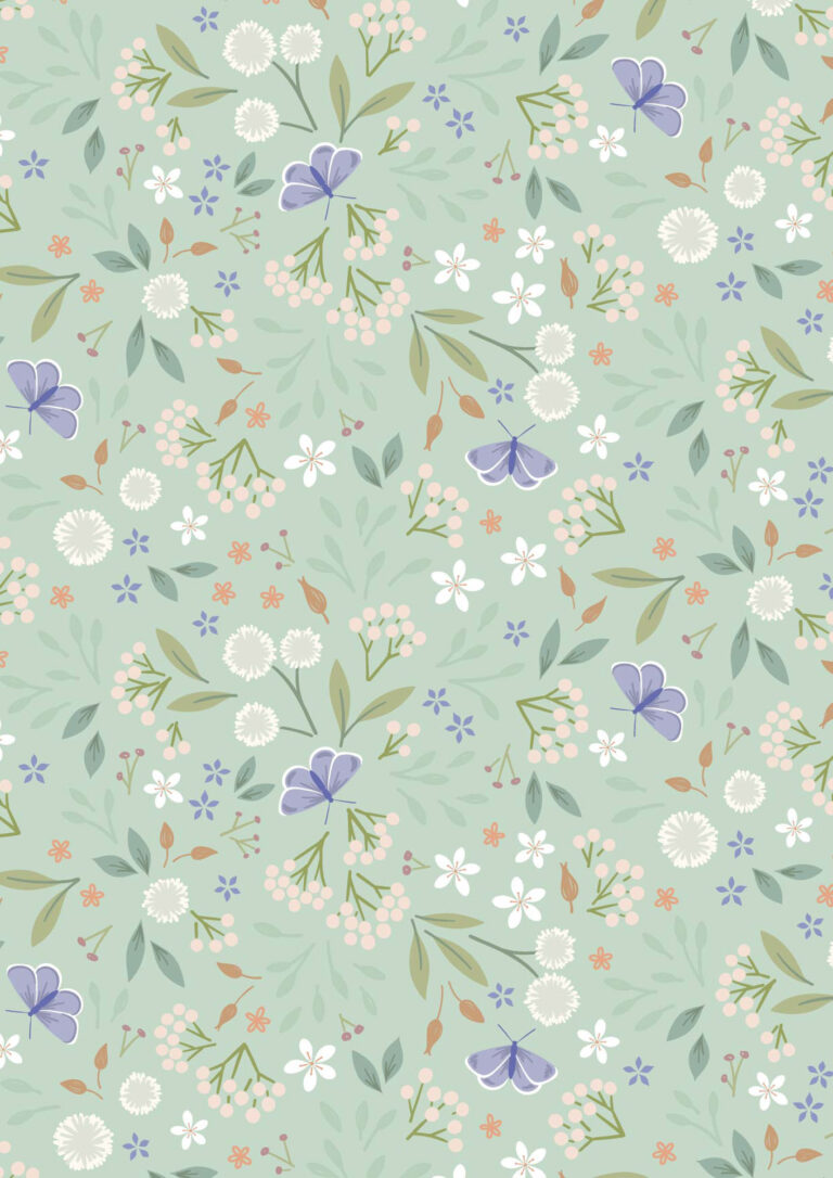 Floral pattern with small flowers and leaves on a light green background