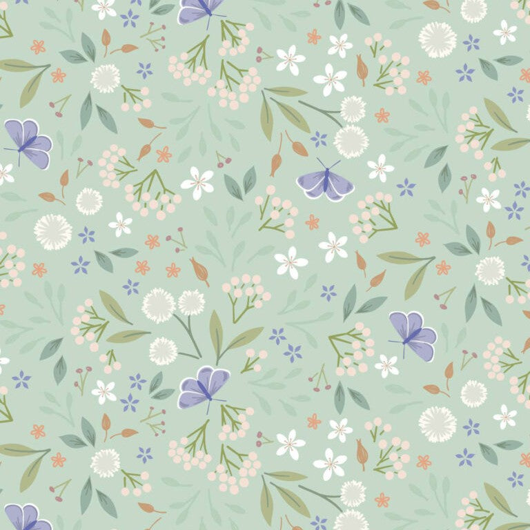 Floral and butterfly pattern on a light green background