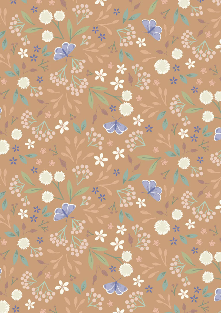 Pattern of flowers and butterflies on a brown background