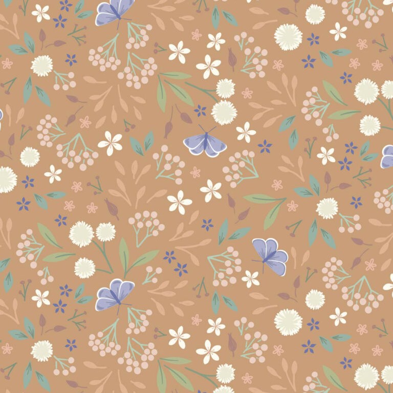 Floral pattern with flowers and butterflies on a brown background