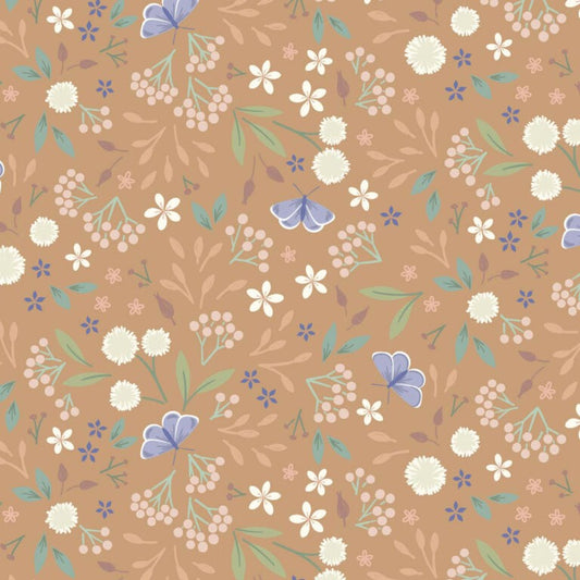 Floral pattern with flowers and butterflies on a brown background