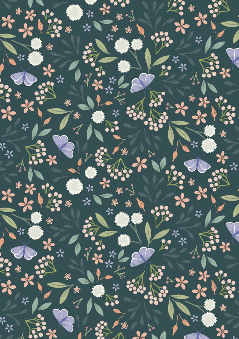 Floral pattern with flowers and butterflies on a dark blue background