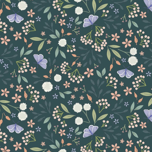 Floral and butterfly pattern on a dark green background