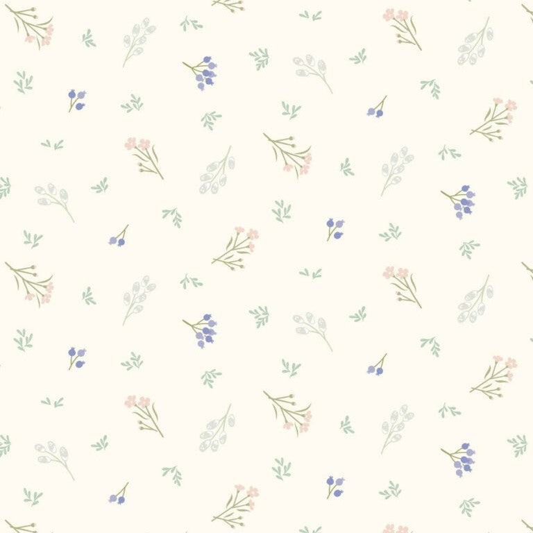 Pattern of small flowers and leaves on a white background