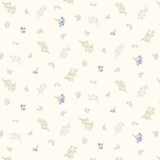 Pattern of small flowers and leaves on a white background