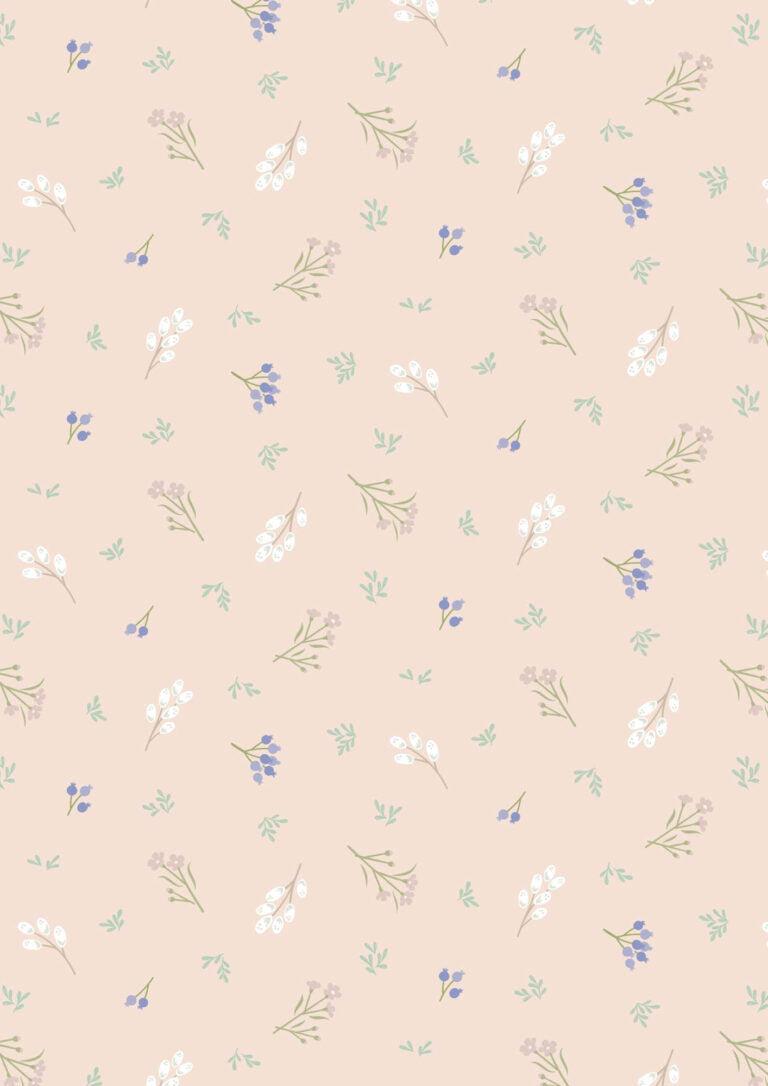 Pattern of small flowers and leaves on a peach beige background