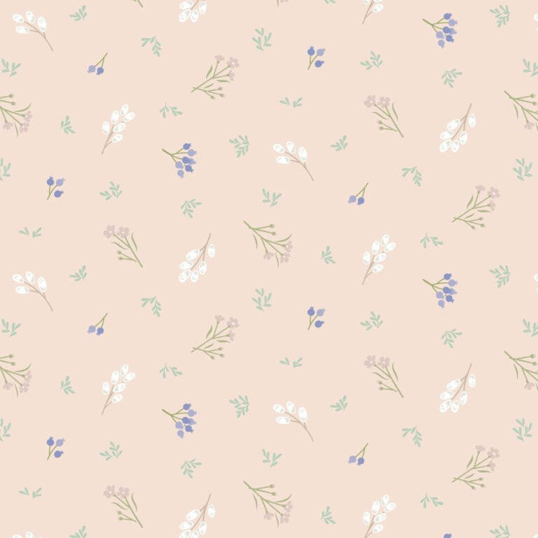 Pattern of small flowers and leaves on a peach beige background