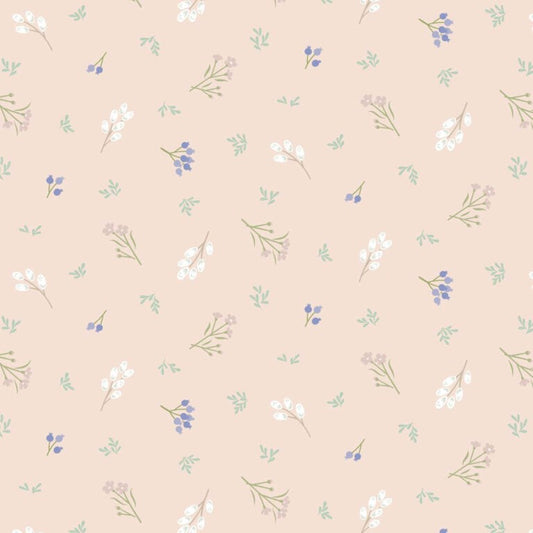 Pattern of small flowers and leaves on a peach beige background