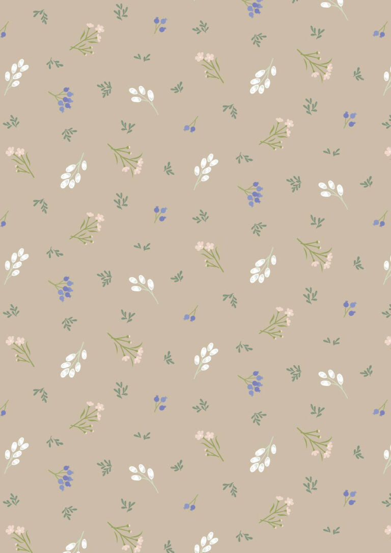 Pattern of small flowers and leaves on a beige background