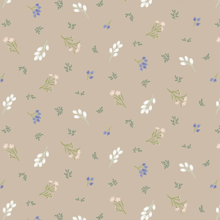 Pattern of small flowers and leaves on a beige background