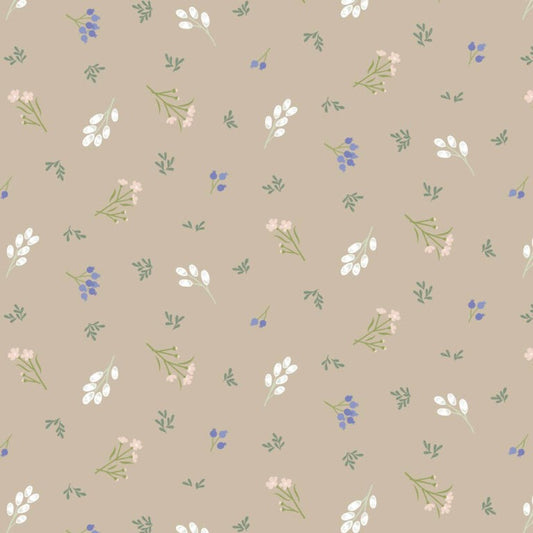 Pattern of small flowers and leaves on a beige background