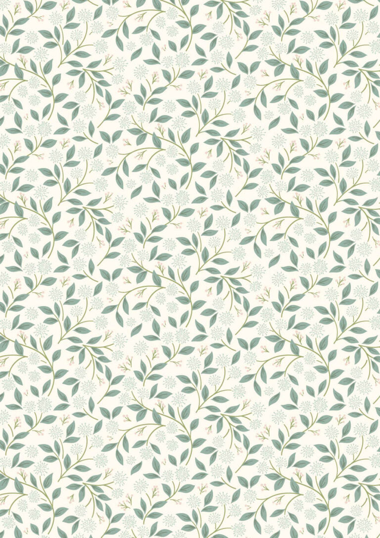 Pattern of green leaves and branches on a cream background
