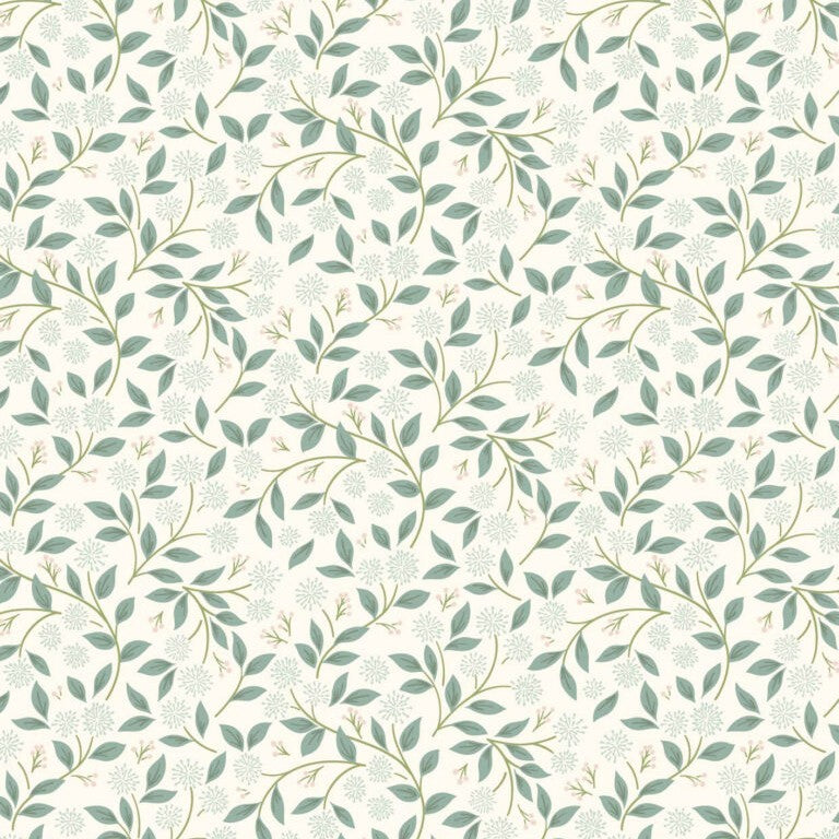 Pattern of green leaves and branches on a cream background