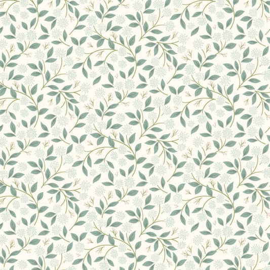 Pattern of green leaves and branches on a cream background