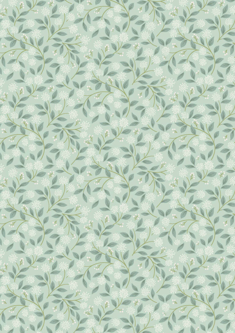 Pattern of green leaves and branches on a light green background