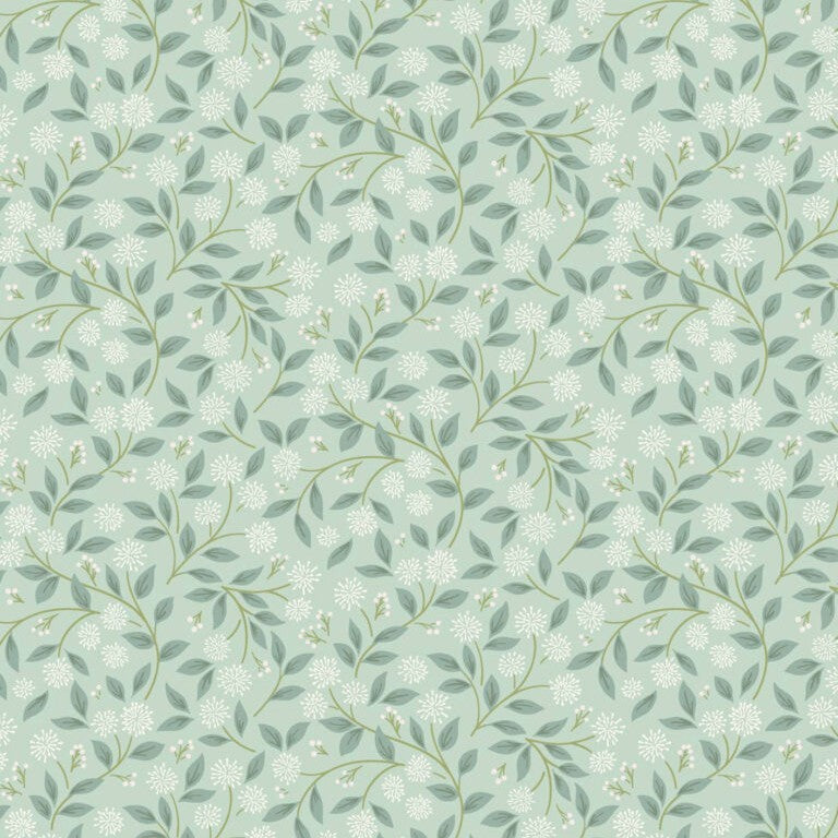 Pattern of green leaves and white flowers on a light green background