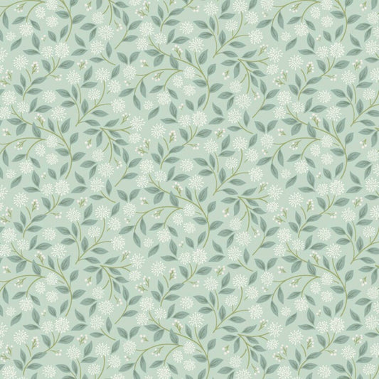 Pattern of green leaves and white flowers on a light green background