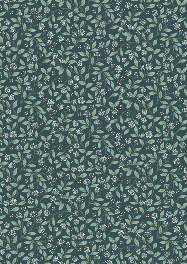 Pattern of green leaves and flowers on a dark green background