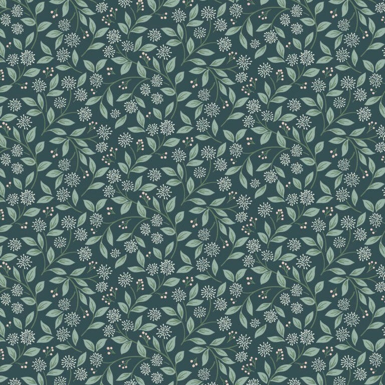 Pattern of green leaves and flowers on a dark green background