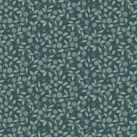 Pattern of green leaves and flowers on a dark green background