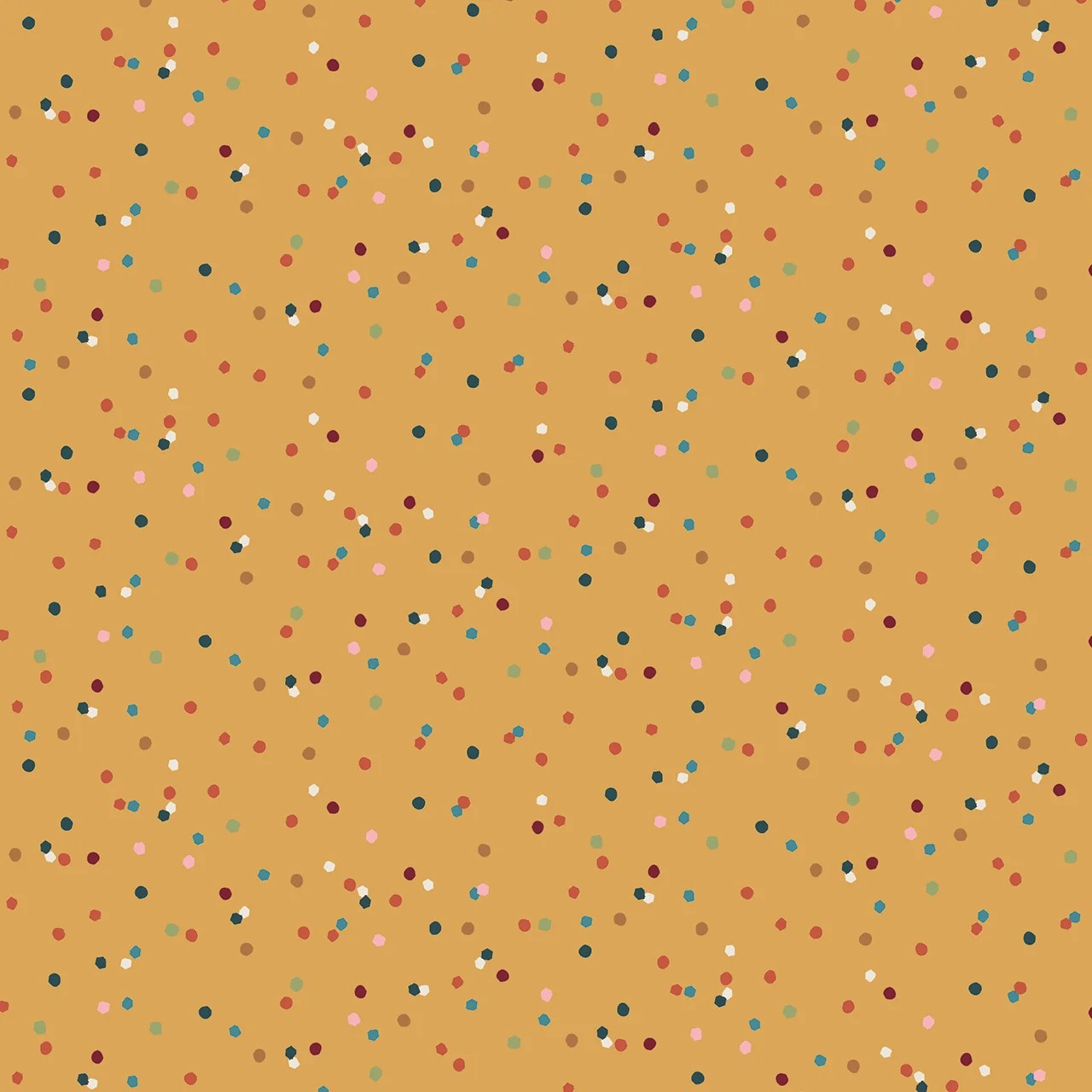 A repeating pattern of small multicolored confetti dots on a warm gold yellow background.