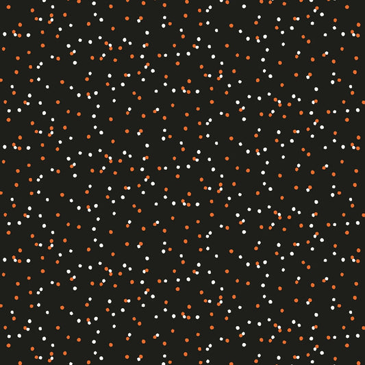 Pattern of small white and orange dots on a black background